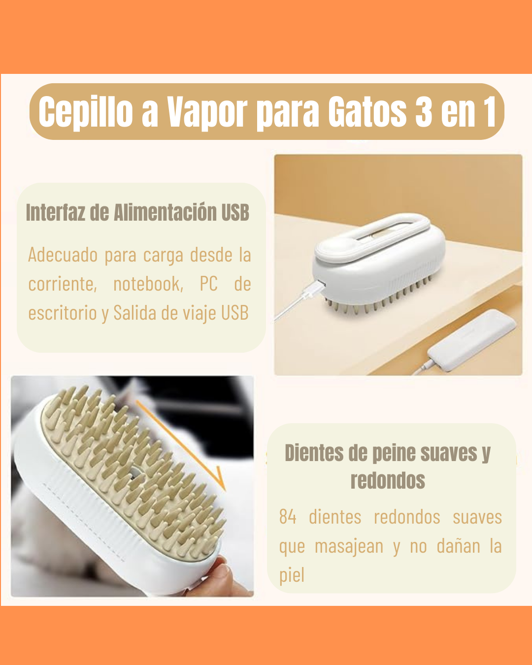 CEPILLO A VAPOR 3 EN 1 - Limpia, Masajea y Desenreda - Pelaje sano y sin enredos