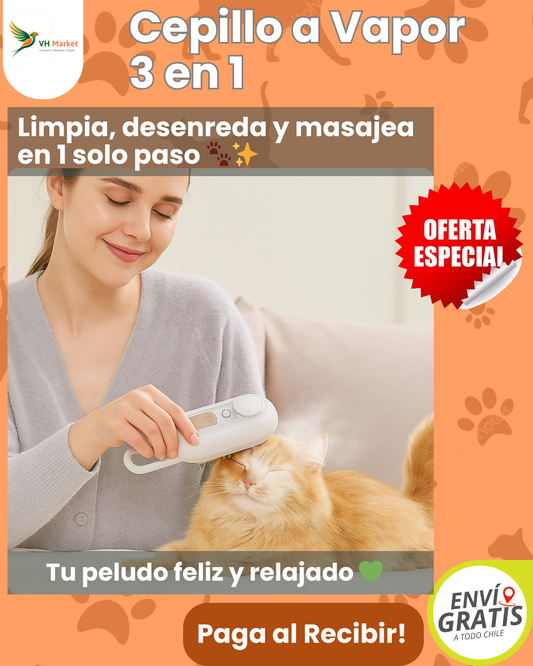 CEPILLO A VAPOR 3 EN 1 - Limpia, Masajea y Desenreda - Pelaje sano y sin enredos