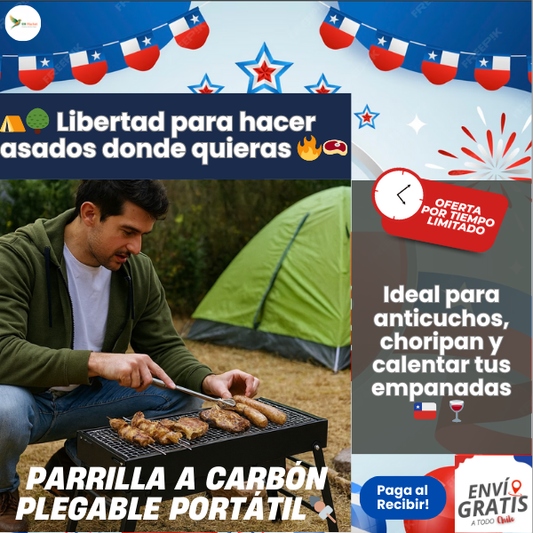 PARRILLA PORTÁTIL PLEGABLE DE ACERO - Asados a carbón en cualquier lugar - No Dependes de Gas ni de Enchufes